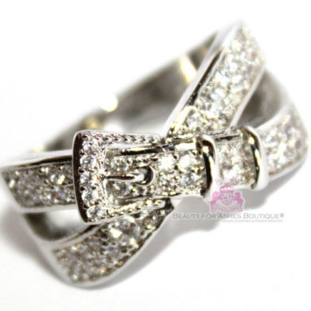 Women Criss Cross Belt of Truth Cubic Zirconia Cz Silver Tone Band Ring Size 8